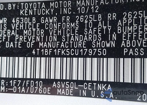 2012 Toyota Camry Le z USA, uszkodzony, nr VIN 4T1BF1FK5CU179750